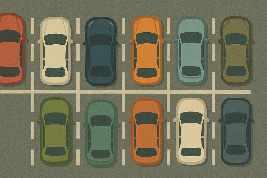Bird's-eye view of a busy airport car park